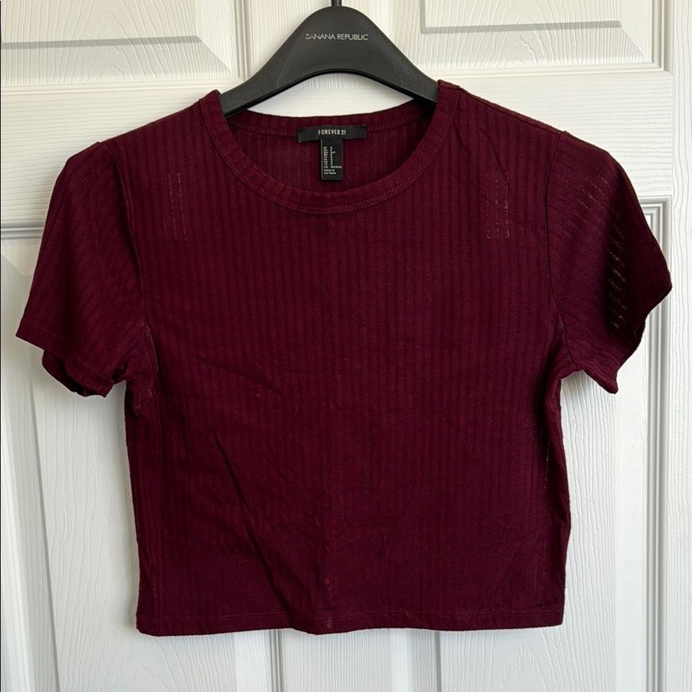 Burgundy Ribbed Crop Short Sleeve Crew Neck T-Shirt